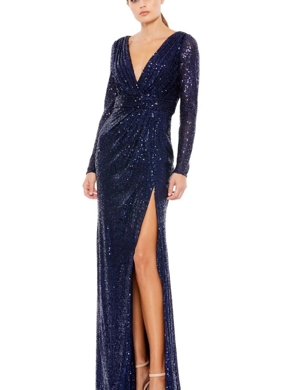 Mac Duggal Navy Sequin V-Neck Long Sleeve Evening Gown